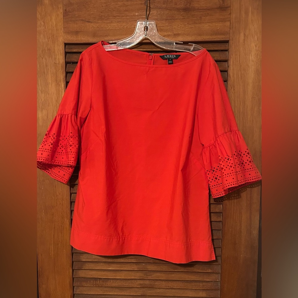 LAUREN Ralph Lauren Red Boxy Boho Chic Blouse w Bell Sleeves Size M